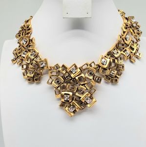 Oscar de la Renta Diamond Swarovski Crystal Square Cluster Statement Necklace